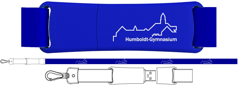 USB Stick in denimblau mit einem Band zum Umhängen. Stick und Band sind mit Logo und der Aufschrift Humboldt-Gymnasium bedruckt.