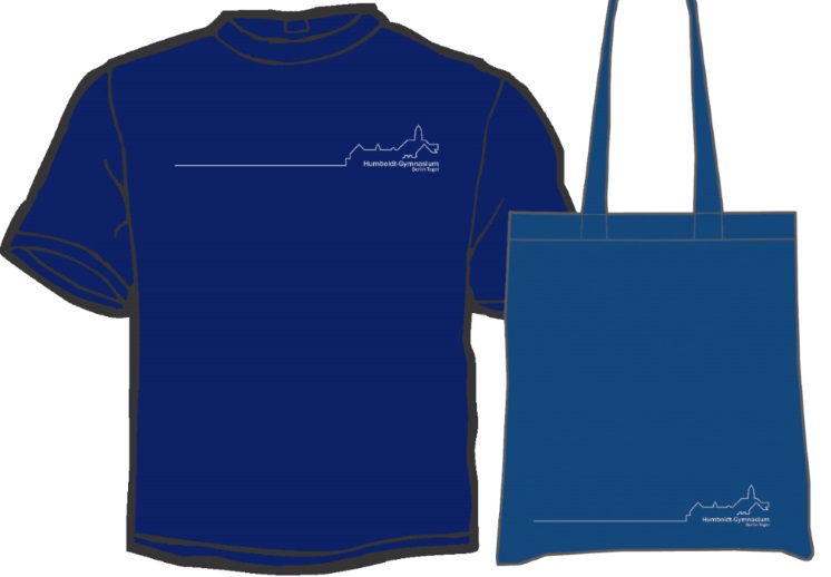 Ein blaues T-Shirt und ein blauer Baumwollbeutel mit jeweils einem weißen Logo und der Aufschrift Humboldt-Gymnasium Berlin-Tegel.